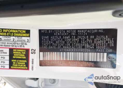 2025 Toyota Camry Xse/Xle/Le/Se z USA, uszkodzony, nr VIN 4T1DAACKXSU083204